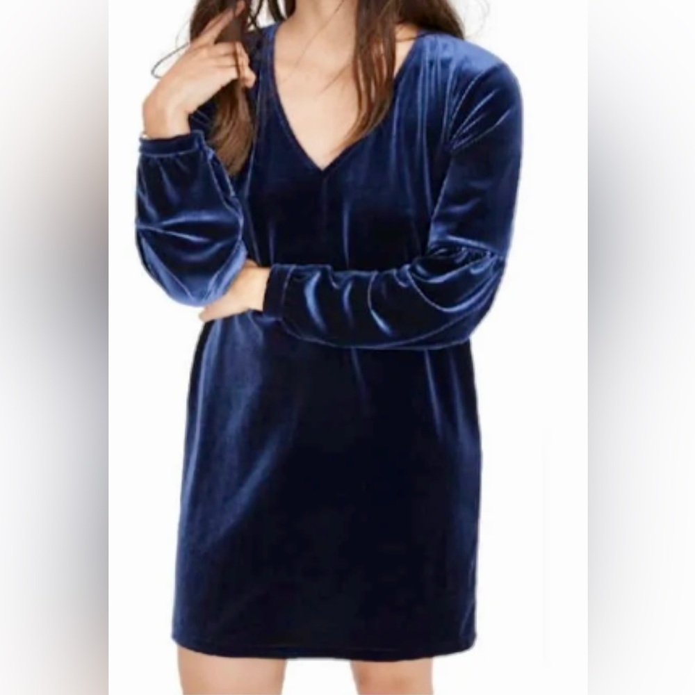 Madewell Blue Velvet Balloon-Sleeve Dress - MEDIUM